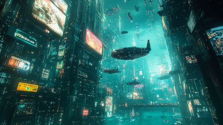 3d rendering of alien flying over the city at night time.の写真素材