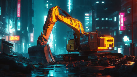 A large excavator digs the ground in a construction site in the city at night.の写真素材