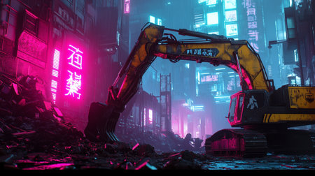 The excavator is working in the city at night. The concept of industrial construction.の写真素材