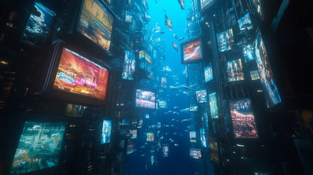 3D rendering of a futuristic city at night with cyberspaceのeditorial素材