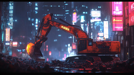 Excavator working on construction site at night. 3D renderingのeditorial素材