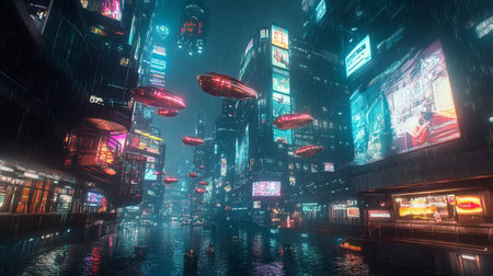 3D rendering of a big city at night with neon lights.のeditorial素材