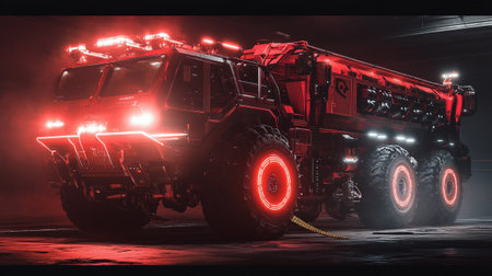 Fire fighting vehicle in the dark with red lights and smoke. 3D rendering