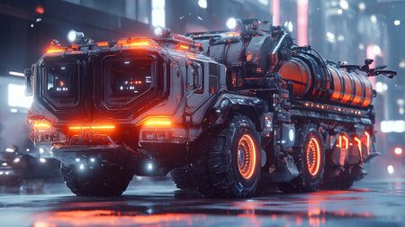 3d rendering of a military vehicle in the city at night.