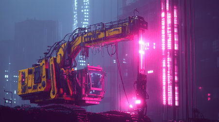 Construction site with heavy duty construction machinery (excavator, crane, forklift) at night. Heavy industry concept. 3D Renderingの写真素材