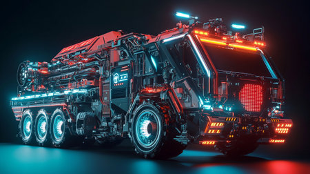 3D rendering of a brand-less generic monster truck with neon lights
