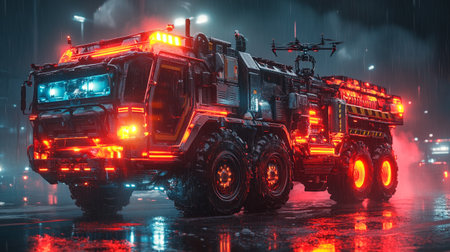 Red fire truck in a dark foggy forest. 3D rendering