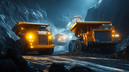 Heavy mining equipment in a coal mine at night. 3D rendering.