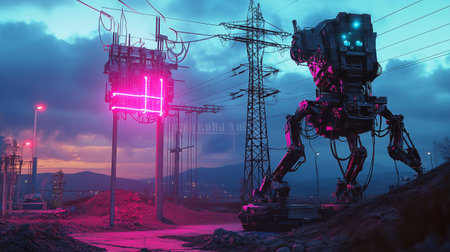 Silhouette of a robot working in a high voltage substation