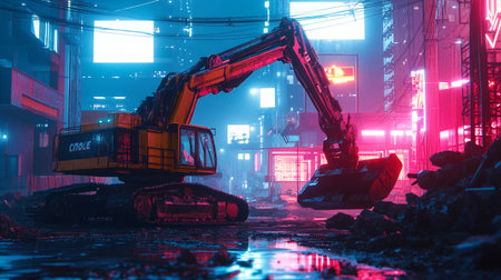 An excavator digs the ground at a construction site in the nightの写真素材