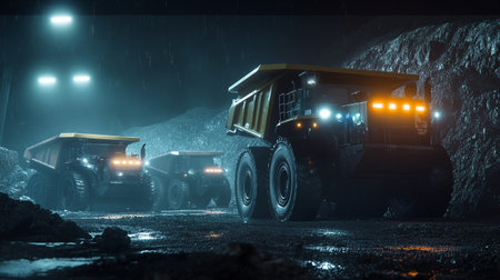 Heavy construction machinery at night. Digger in action. 3D rendering.の写真素材