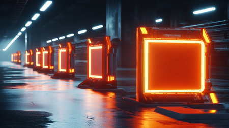3D render of an empty underground parking lot with neon signs.