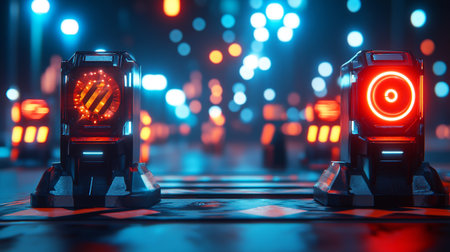 Close up of traffic light on the road at night. Traffic lights in the background.