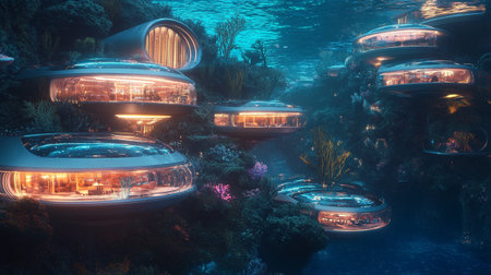 Futuristic underwater world with neon lights. 3D rendering.の写真素材