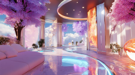 Luxury hotel lobby interior with blooming trees. 3D rendering