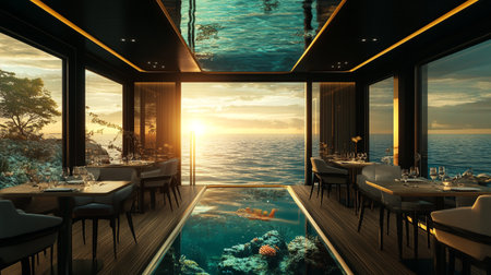 Luxury restaurant with sea view. 3D Rendering.の写真素材