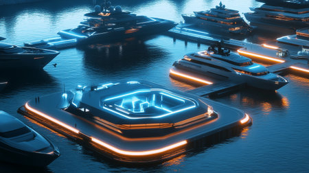 Yachts in the port at night. 3D rendering.の写真素材