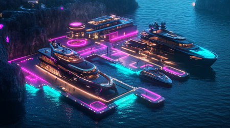 Futuristic ship in the sea with neon lights. 3D rendering