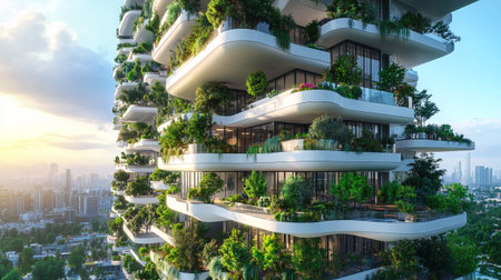 3d render of a modern residential building with balconies and green plants