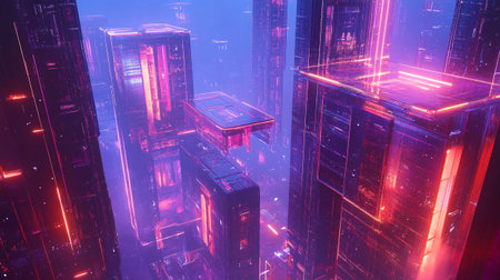 Futuristic city with neon lights, 3d rendering digital illustrationの写真素材