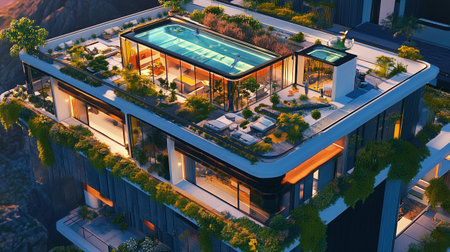 3d rendering of modern cozy house with pool and parking for sale or rent. Luxury home in the garden...