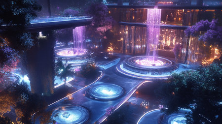 Fountains in the park at night in Shenzhen, China