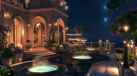 3D CG rendering of Luxury villa with pool at nightの写真素材