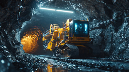 Industrial construction equipment in a coal mine tunnel. 3d rendering