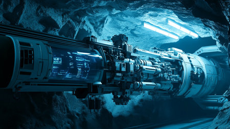 3D rendering of a space ship inside a cave with neon lights