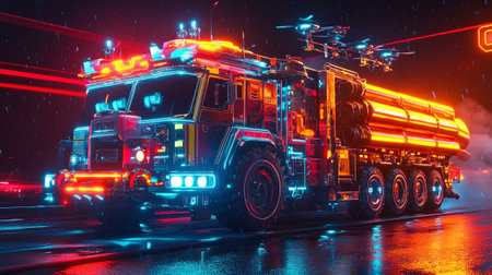 Fire fighting vehicles on the road at night. 3D rendering.