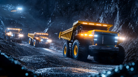 Dump truck in a coal mine at night. Mining industry.の写真素材
