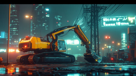 3D rendering of a construction site in the city at night.の写真素材