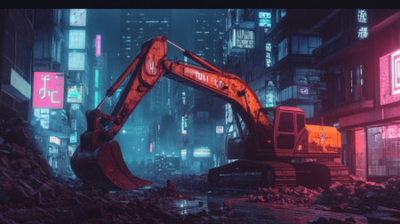 Excavator working in the city at night, 3D renderingの写真素材