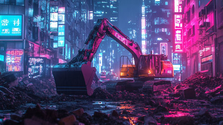 Excavator working on demolition site in the city at night.の写真素材