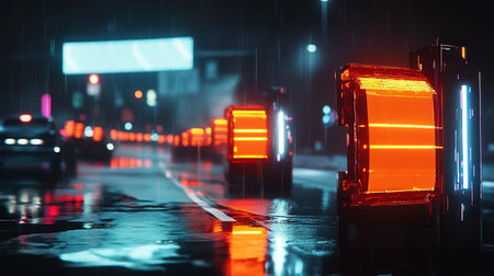 Traffic light on a wet road at night. 3d renderingの写真素材