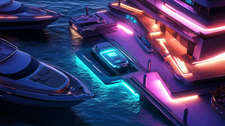 3D CG rendering of ship and boat in the sea at night