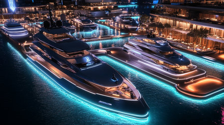 luxury yachts in the harbor at night. 3d renderingの写真素材