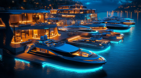 Luxury yachts in the harbor at night. 3d renderingの写真素材