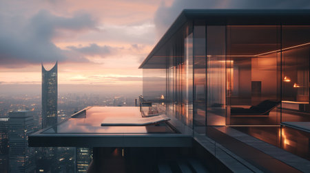 Modern office interior with panoramic city view. 3D Rendering