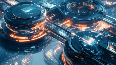 3D rendering of a futuristic background with glowing lights in the darkの写真素材