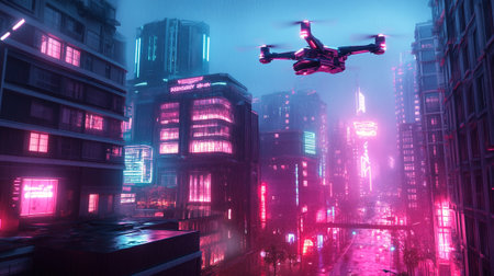 Drone flying over the night city. 3D Rendering.の写真素材