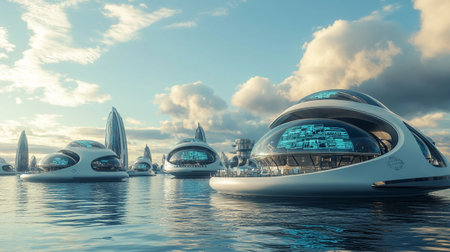 3D Illustration of a Futuristic City and a Cruise Shipの写真素材