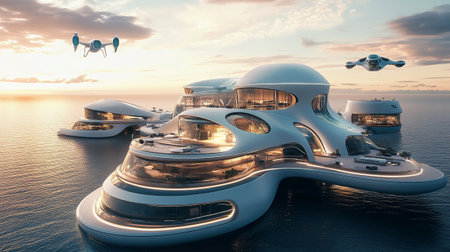 3D CG rendering of luxury yachts in the sea.