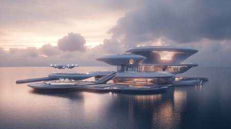 3D rendering of a futuristic building in the sea with a beautiful skyの写真素材
