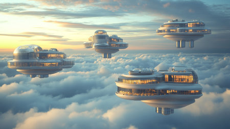 Futuristic Spaceship in the clouds. 3D render.の写真素材