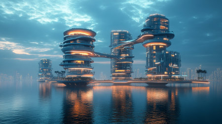 3d illustration of skyscrapers on the background of the riverの写真素材