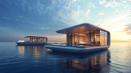3d render of a modern house on the sea at sunset.の写真素材
