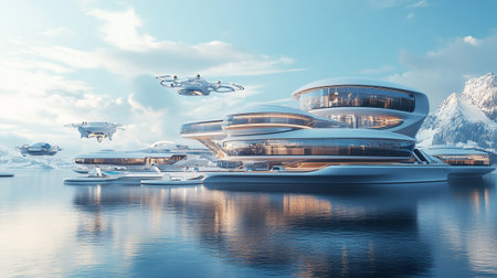 3D rendering of a futuristic ship in the sea.