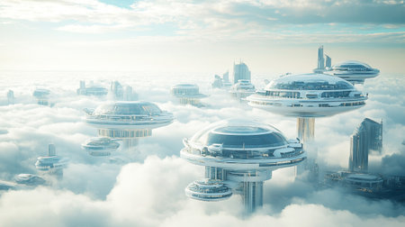 Futuristic city in the clouds. 3d render illustration.の写真素材