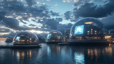 3d render of futuristic interior with glass ball on the water.の写真素材